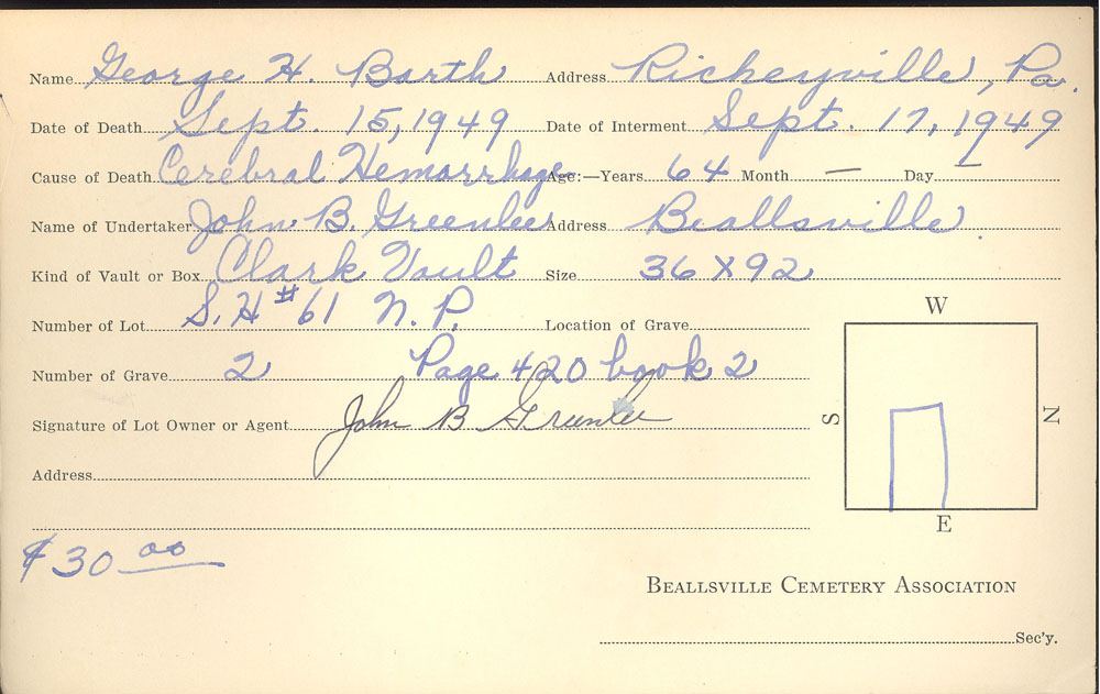 George H. Barth burial card